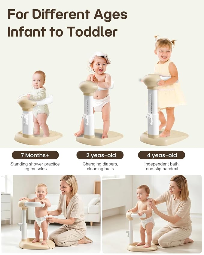COOSEYA® Baby Shower Stand, Toddler Bath Stand Support with Thicker Colum, Anti-Pinch, Anti-Slip Base, Adjustable Shower Holder for Toddler Standing (Khaki)