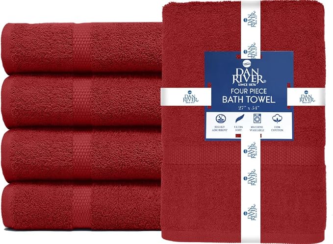 DAN RIVER Large Bath Towels Set of 4, 27 x 54 Inches, 600 GSM Larger & Lighter Weight Towels for Bathroom - Highly Absorbent & Quick Dry 100% Cotton Bath Towel Set for Home, Gym, Spa & Hotel - Grey