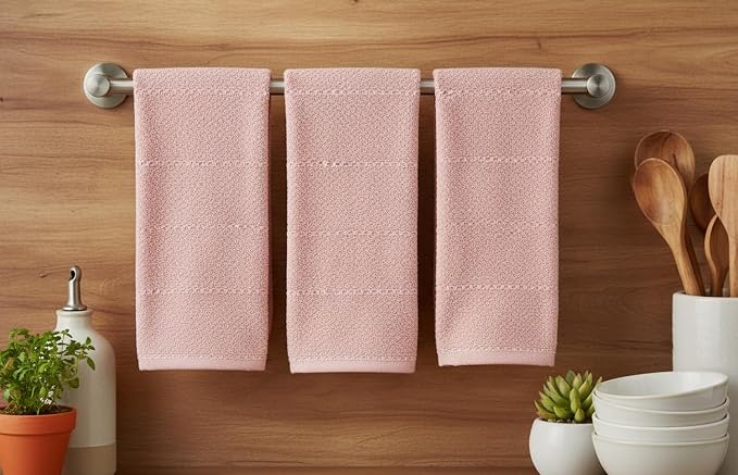 Serafina Home Light Pink Kitchen Hand Dish Towels: Oversized 28" x 18",100% Cotton Cloth Soft Cleaning Drying Absorbent Textured Design, Set of 3 Multipurpose for Everyday Use (Pink)