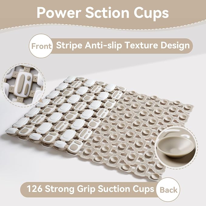 Non Slip Shower Mat, Bath Mats for Tub with Strong Suction Cups, Quick Drain, Comfortable Foot Feel Shower Mats for Inside Shower, Bath Tub Mat Non Slip, (Brown, 14.6"x26.8")