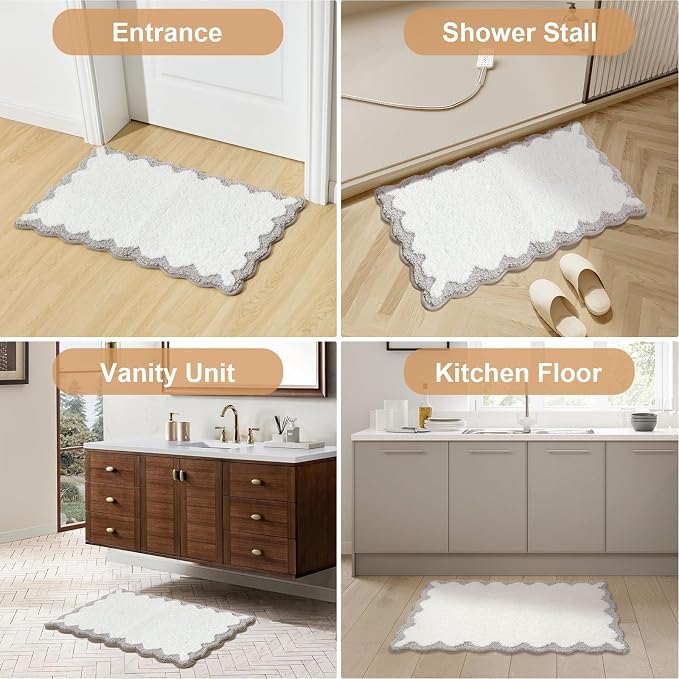 ORTIGIA Cute Scalloped Bath Mat Grey Bathroom Rugs Non Slip Washable, Quick Dry Absorbent Plush Microfiber White & Gray Bathmat for Bathtub Shower, Floor Carpet for Sink Bedroom, 20x32
