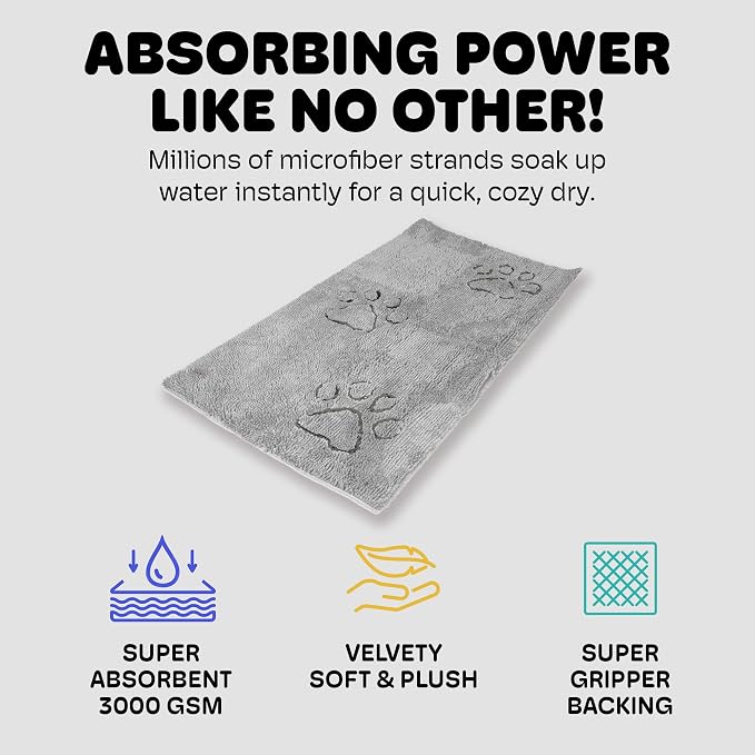 Dog Gone Smart Dirty Dog Doormat - Fast Drying Plush Mat with Super Gripper Backing for Clean Floors - Super Absorbent and Machine Washable Mat for Muddy Paws - Silver Grey