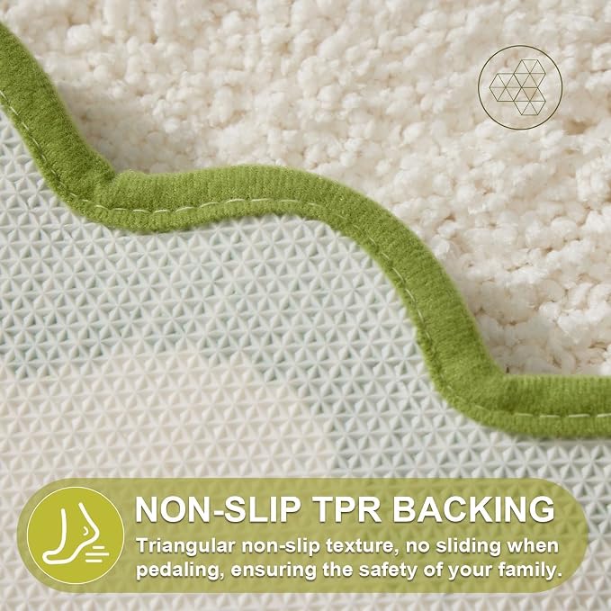 ORTIGIA Scalloped Green Bath Mat Non Slip Washable for Bathroom, Quick Dry Absorbent Plush Microfiber Bath Mats, White and Green Bathmat for Bathtub Shower, Floor Carpet for Sink Bedroom, 20x32