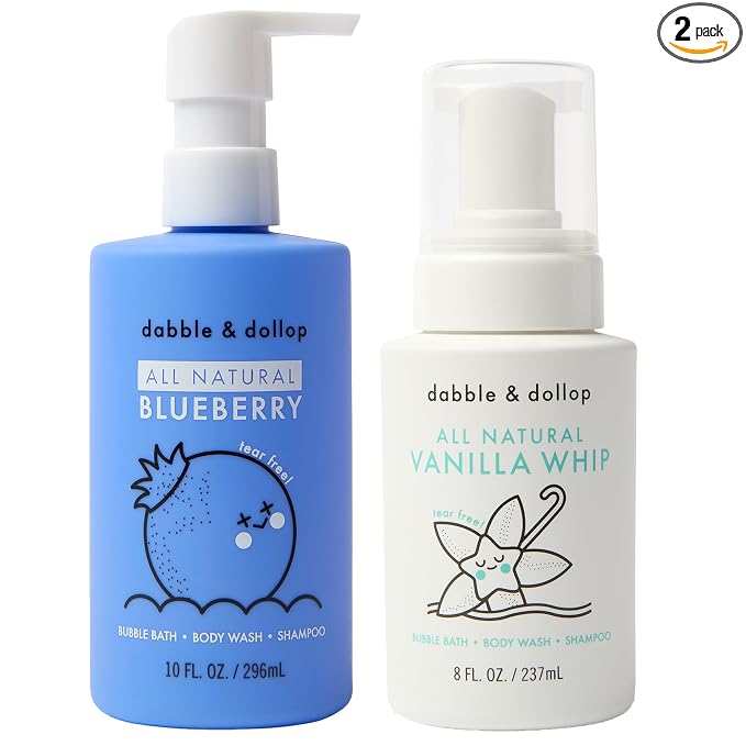 Dabble & Dollop Blueberry + Vanilla Kids 3-in-1 Body Wash, Shampoo & Bubble Bath Bundle – Gel + Foam Whip Set, Tear-Free, Gentle, Natural-Origin, Hypoallergenic and Safe for Sensitive Skin (Pack of 2)