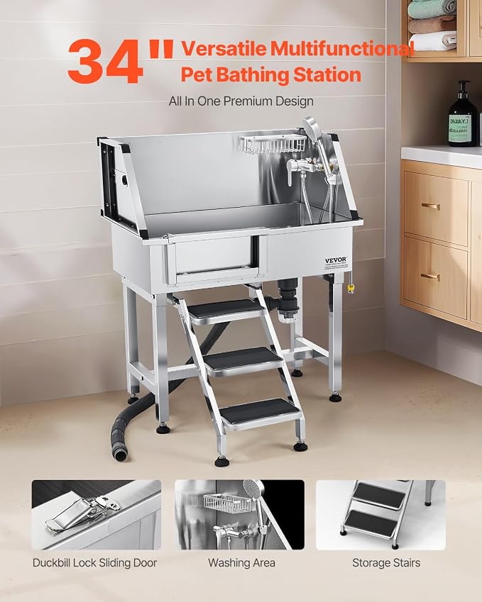 VEVOR Professional Dog Washing Station, 34 Inch Stainless Steel Pet Grooming Tub with Hot Cold Faucet, Adjustable Showerhead, Non-Slip Stairs & Side Sink, for Small to Medium Dogs and Cats (Left Door)