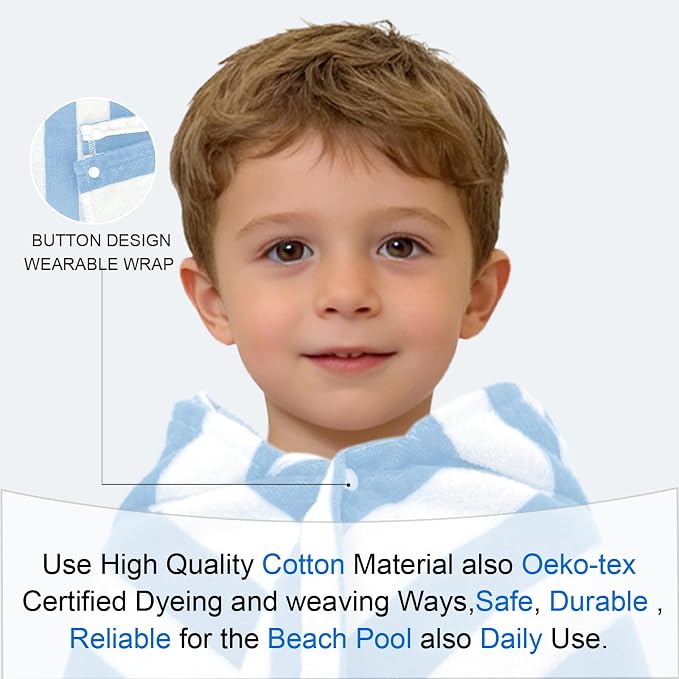 VOOVA & MOVAS Hooded Bath Towels for Toddler 0-3T, 25''X40, Soft | Thick | 100% Cotton | Absorbent Towel Wrap for Baby Boy, Perfect for Beach, Pool, Bath, Swimming,Light Blue Stripe
