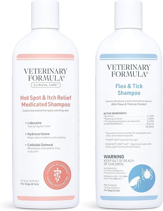 Veterinary Formula Clinical Care Hot Spot & Itch Relief Medicated Shampoo for Dogs and Cats 16oz & Flea and Tick Shampoo for Dogs and Cats, 16 oz