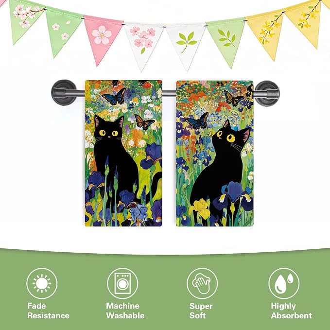 Spring Summer Black Cat Floral Kitchen Dish Towels Set of 2, Iris Flower Butterfly Drying Hand Towel Baking Cooking Cloth, Wildflower Bathroom Home Decoration Pet Cat Owner Lover Gift 18''x26''