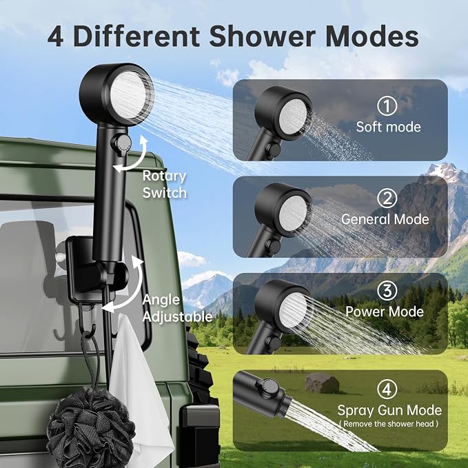 IGRL Portable Shower - 8000mAh Rechargeable Camping Shower Pump with Bath Sponge, 4 Spray Modes, IPX8 Waterproof, Ideal for Outdoor Camping, Travel, Car Washing, Pet Bathing, and Watering Plants