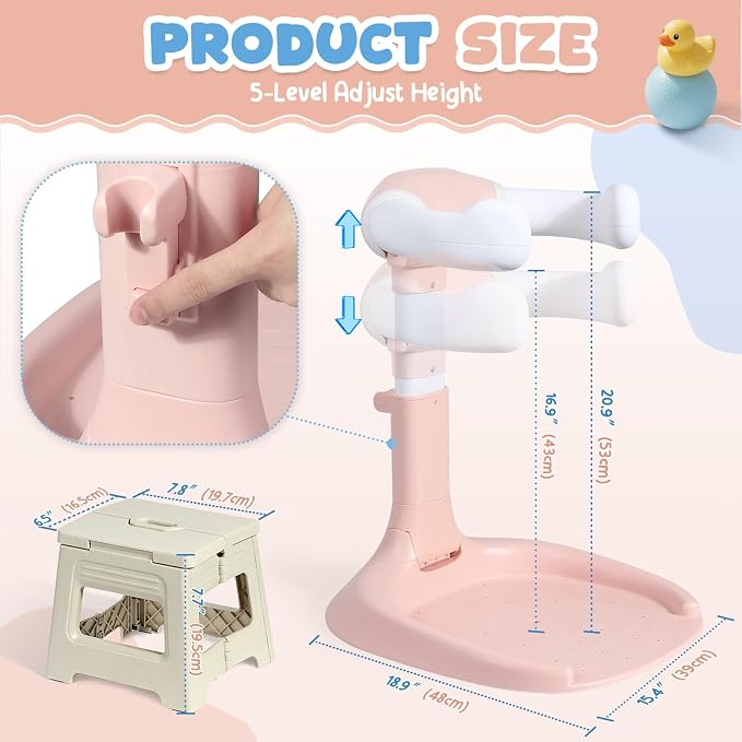 Orzbow Baby Shower Stand, Collapsible Baby Bath Stand with Foldable Chair, Adjustable Height Toddler Shower Standing Support for Infant 6-36 Months, Anti-Slip Base, Easy-Use, Pink