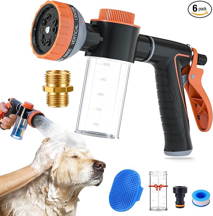 Dog Washing Hose Attachment with Soap Dispenser, Upgraded Dog Shower Attachment for Pet Bathing, High Pressure Foam Sprayer with 10 Spray Modes & Grooming Brush