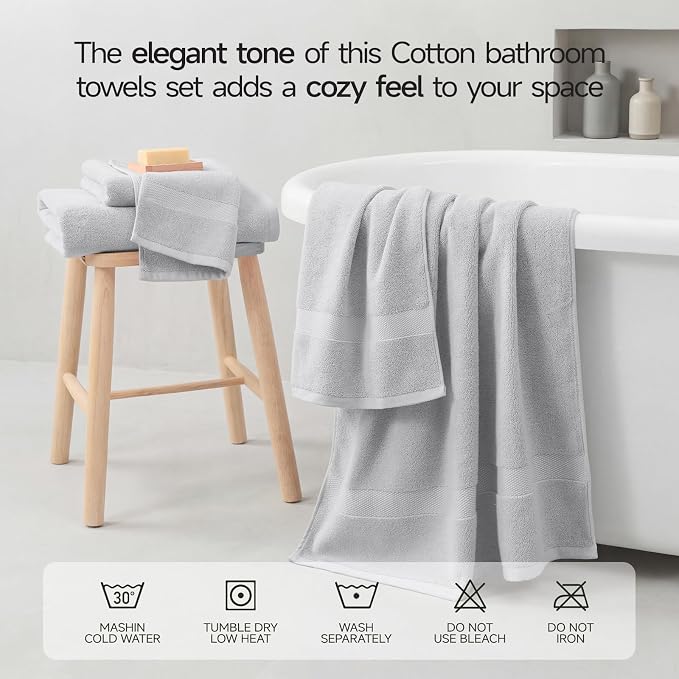 ecolook 2 Pack 100% Cotton Bath Towels, 28 x 55 Inches, Soft | Lightweight, Highly Absorbent & Quick Dry Body Towels for Bathroom, Shower, Gym & Daily Use, Light Gray