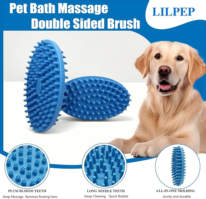 Lilpep 2-in-1 Dog Bath Brush, Double Sided Soft Rubber Grooming Brush for Shedding, Massaging & Deep Cleaning, Suitable for Short & Long Haired Dogs & Puppies