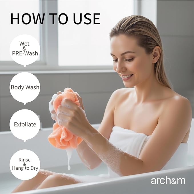 ARCH&M Exfoliating Washcloth & Back Scrubber, 35 Inch, 3 Pack, Off-White | Japanese Beauty Washcloth for Shower, Smoother Skin, Korean Body Towel, Deep Exfoliation Daily Use, Removes Dead Skin