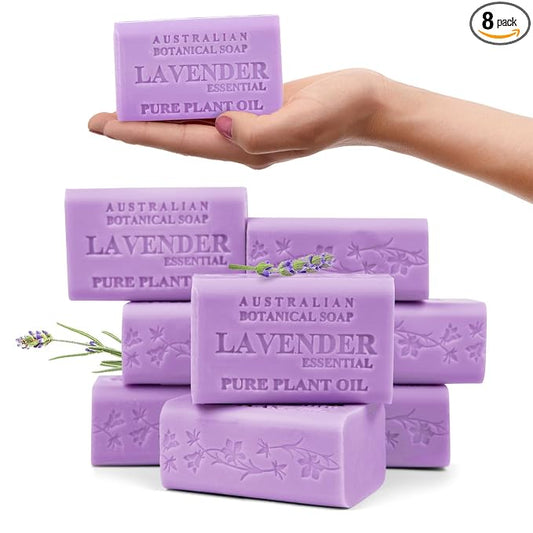 Australian Botanical Soap, 6.6 OZ, Lavender and Essential Oil, Triple Milled Bars made with a Natural Soap Base and Enriched with Organic Shea Butter, Pack of 8