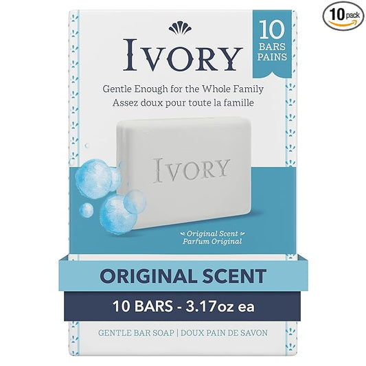 Ivory Gentle Bath Bar Soap, Designed for Whole Family, 99.44% Pure Formula, Plant-Based Cleansers, Made Without Heavy Perfumes, Parabens or Phthalates, Original Scent, 3.17 oz (10 Count)