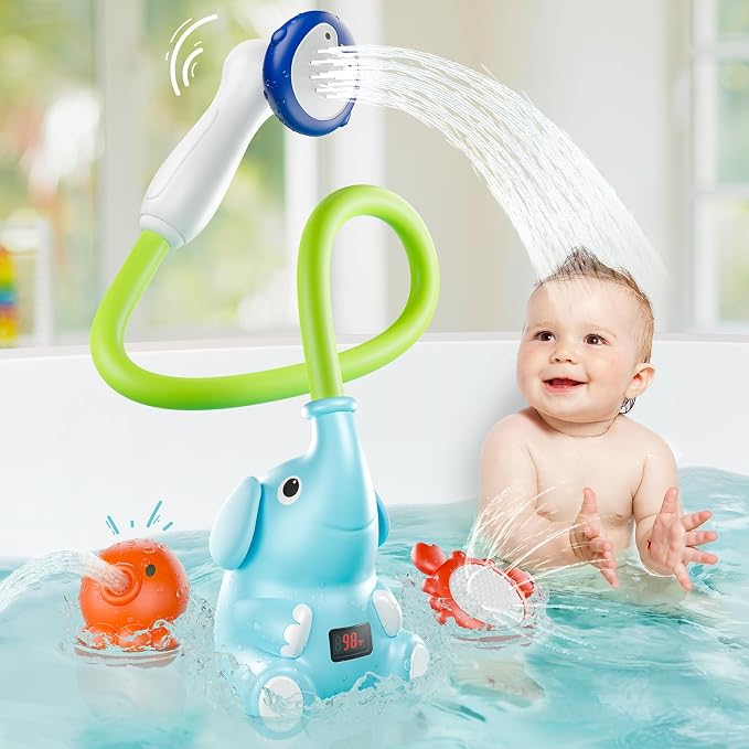 Baby Bath Shower Head with Water Thermometer, 3-in-1 Rechargeable Bath Toys, 3 Exchangable Shower Heads and Soft Silicone Baby Brush, for Newborns, Toddlers in The Tub or Sink - Automatic Ⅲ