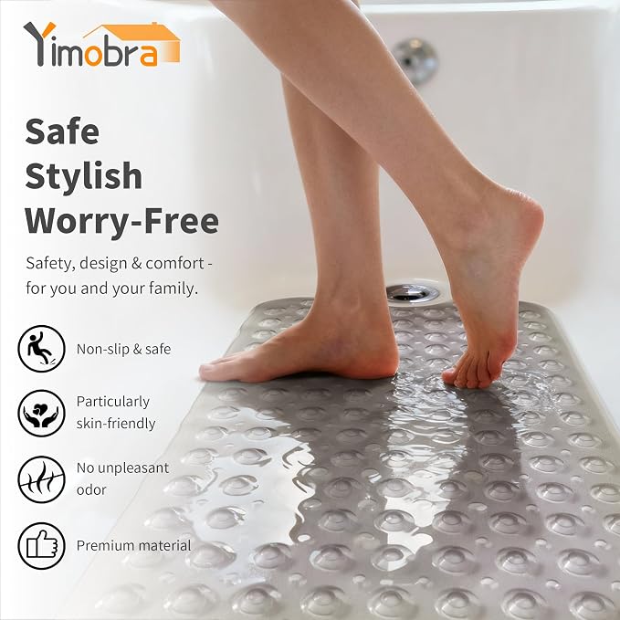 Yimobra Non Slip Bathtub Mat 40 x 16 Inch, Extra Long Shower Mat with Drain Holes, Machine Washable Baby Bath Mats, Strong Suction Cups for Bathroom Floor, Clear Grey
