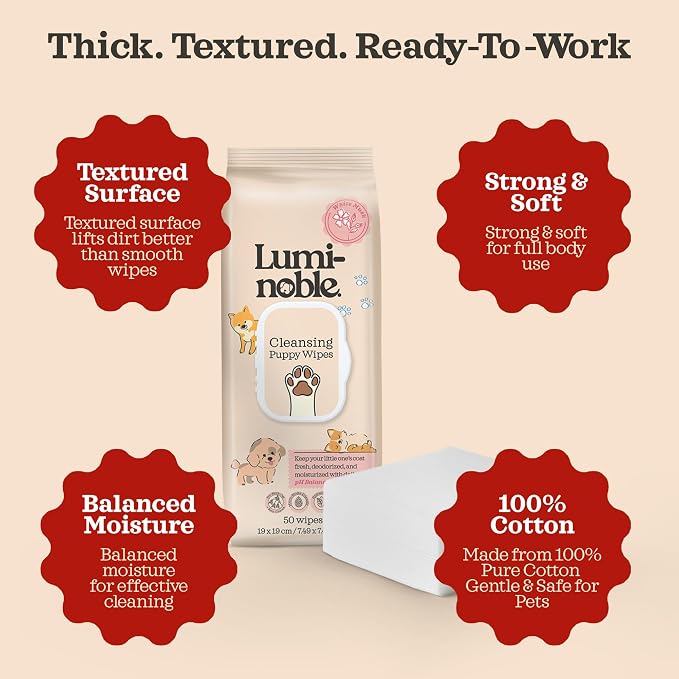 LUMI-NOBLE. Puppy Wipes for Dogs & Cats - 50 Ct Hypoallergenic Grooming Wipe, White Musk Scent, Dog Wipes Cleaning deodorizing for Paws, Ears, Butt & Body, Vegan, Sensitive Skin Safe