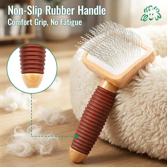 Small Slicker Brush for Dogs & Cats, Professional Pets Long Pin Brush for Grooming, Shedding - Non-Slip Rubber Beech Handle
