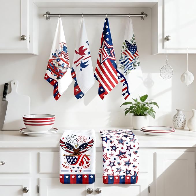 4th of July Kitchen Towels 6 PCS, Patriotic Vintage Hand Towel for Bathroom Home, Independence Day Tea Towels, Kitchen Dish Towel for Memorial Day, Blue American Flag Stars Eagle, 17 X 26in