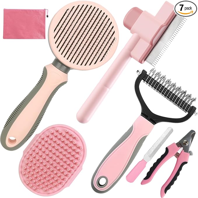 Pet Grooming Kit - 7 PCS Deshedding Brush Set with Slicker, Undercoat Rake, Bath Brush & Nail Clipper for Short & Long Haired Dogs, Cats (Pink)