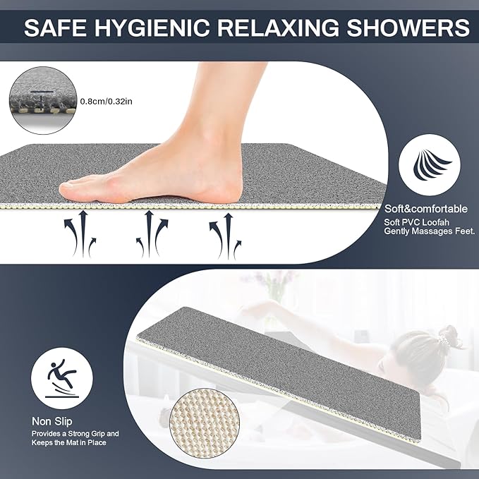 BLESWIN PVC Loofah Shower Mat 24"x16", Soft Textured Non Slip Bath Mats for Inside Shower, Shower Mats with Drain, Washable, Quick Drying Bath Mats for Bathroom Wet Areas, Grey