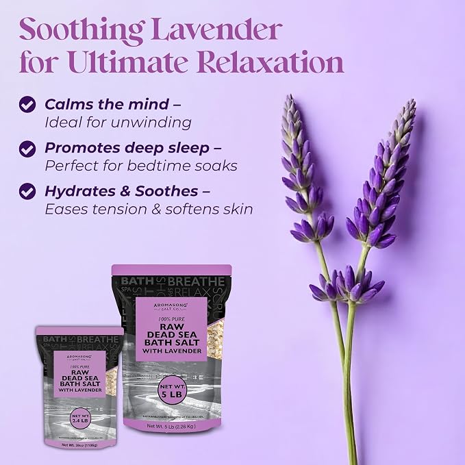 Aromasong Pure Raw Dead Sea Salt for Soaking with 100% Natural Lavender, 2.43 LB - Spa Bath Salt Fine Grain - Body Wash Scrub - Soak for Women & Men- Bulk Resealable Pack
