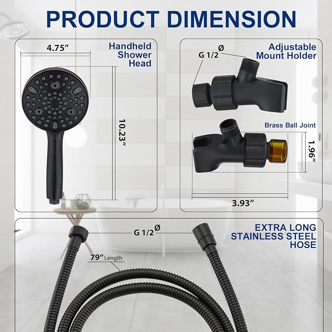 High Pressure 10 Setting Handheld Shower Head, 5" Detachable Showerhead Spray Built-in Power Wash to Clean Tub, Tile & Pets, 79" Extra Long Stainless Steel Hose, Adjustable Bracket - Oil Rubbed Bronze