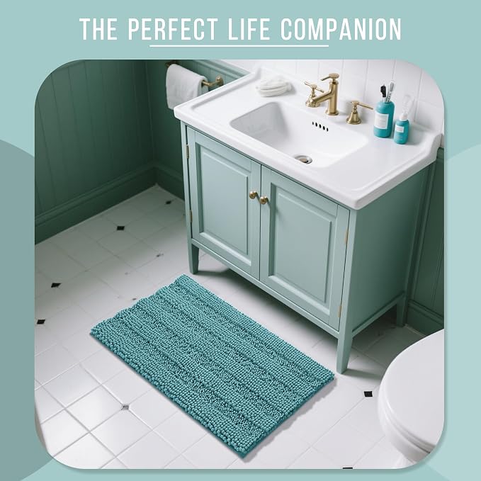 Yimobra Bathroom Rug Mat 32 x 20, Non Slip and Super Absorbent Bath Mat,Machine Washable Quick Dry,Ultra Plush Chenille Shower Rugs for Bathroom Floor Sink Tub and Shower Outside,Teal Blue