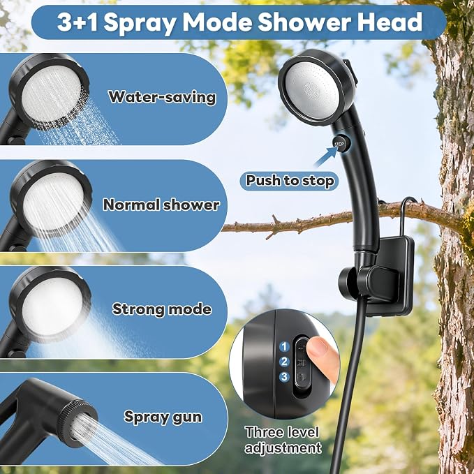 Portable Shower with Heater 6000mAh Rechargeable Camping Shower with LED Display, 3 Spray Modes, IPX7 Waterproof Shower Pump Foldable Bucket Outdoor Showering for Travel