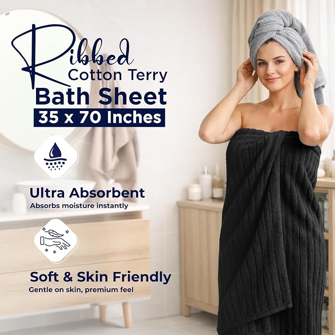 DAN RIVER Pack of 2 Bath Sheet 35x70 Inches, Ribbed Oversized Black Bath Towels, Fluffy and Thick Extra Large Bath Sheets