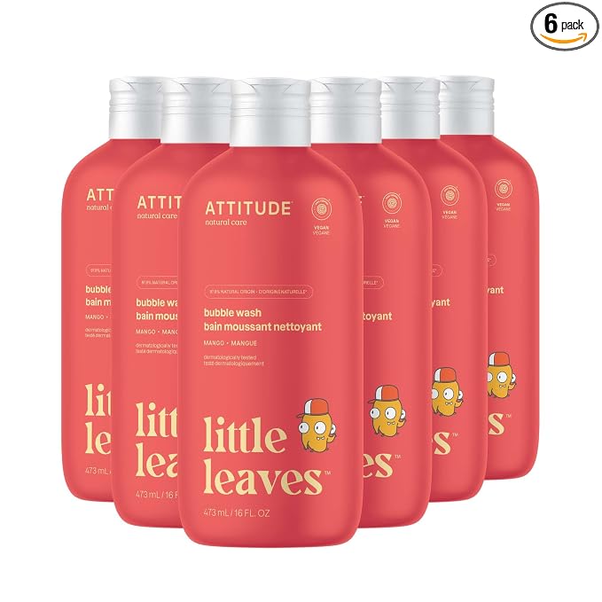 Attitude Bubble Wash for Kids, EWG Verified Bubble Bath, Hair Shampoo and Body Soap, Dermatologically Tested, Plant- and Mineral-Based, Vegan, Mango, 16 Fl Oz (Pack of 6)