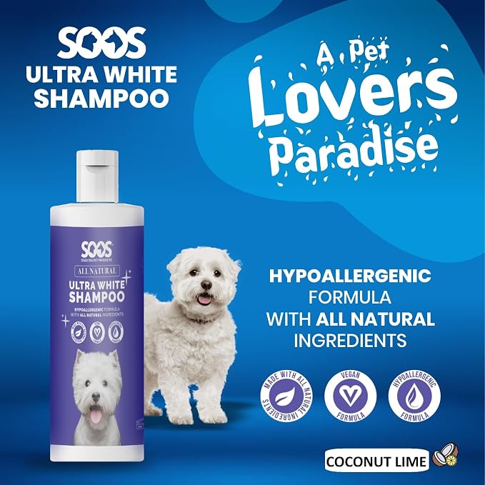Soos Ultra White Hypoallergenic Shampoo for Dogs & Cats - Natural White Brightening Formula, Gentle & Moisturizing Pet Wash for Sensitive Skin - 500ml