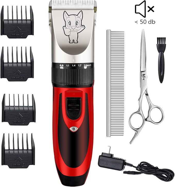 Highdas Dog Clippers for Grooming Low Noise, Cordless Electric Dog Grooming Kit Clippers Rechargeable, Quiet Dog Shaver, Pet Hair Trimmer Kit for Dogs & Cats (Red)