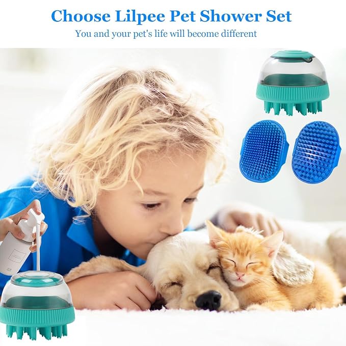 Dog Grooming Brush, Lilpep Pet Shampoo Bath Brush Soothing Massage Rubber Comb with Adjustable Ring Handle for Long Short Haired Dogs and Cats (Blue, set)