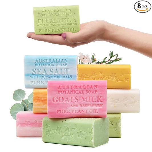 Australian Botanical Soap Variety Pack, 6.6 oz Bars – Goat Milk, Eucalyptus, Manuka Honey, Sea Salt, Pink Lychee, Lemongrass, Raspberry, Valencia Orange – Enriched with Organic Shea Butter, Pack of 8