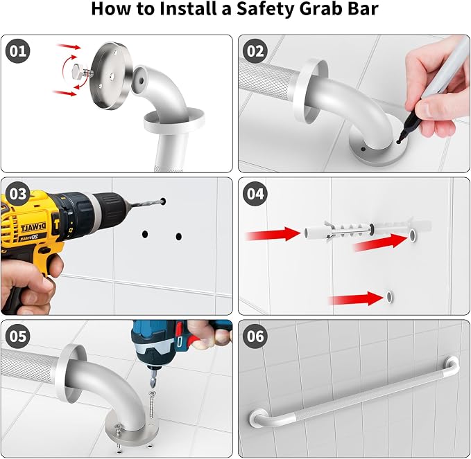 White Shower Grab Bar 36 Inch - 1.25" Diameter, iHansee Bathroom Grab Bar w/Anti-Slip Knurled Grip, Stainless Steel Bath Safety Bars for Senior Elderly, Wall Mounted Toilet Bathtub Balance Handrail