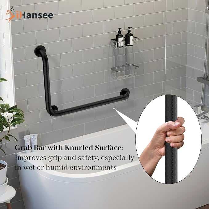 Matte Black Angled Grab Bar 16x24 Inch, iHansee Bathroom Safety Bar w/Anti-Slip Knurled Grip, Wall Mount L Shaped Shower Handle for Elderly Senior Handicap, Toilet Bathtub Balance Support Handrail