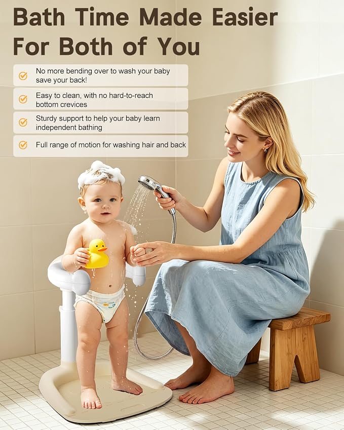 COOSEYA® Baby Shower Stand, Toddler Bath Stand Support with Thicker Colum, Anti-Pinch, Anti-Slip Base, Adjustable Shower Holder for Toddler Standing (Khaki)