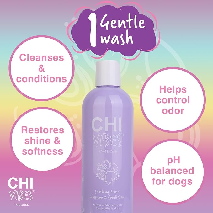CHI Vibes for Dogs Soothing 2 in 1 Dog Shampoo and Conditioner Sensitive Skin Cleanser Dog Deodorizer for Puppies and Adults Vegan pH Balanced Gluten Paraben Free Made in USA 12 FL OZ Grooming