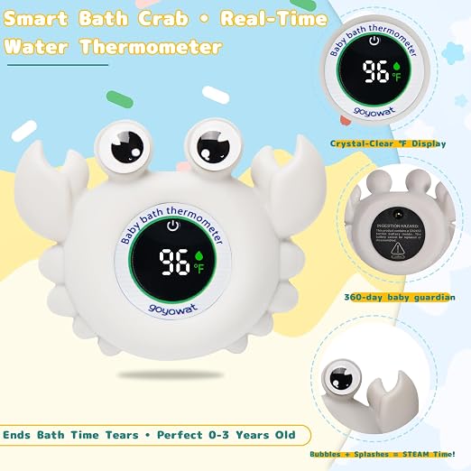 Baby Bathtub Thermometer with LED Display Screen+Grey Crab toy-2-in-1 | Color Coded Alarm (Cold/Comfortable/hot) Bath Temperature Monitor, Adorable Floating Toys for Infants, Essential for Babies