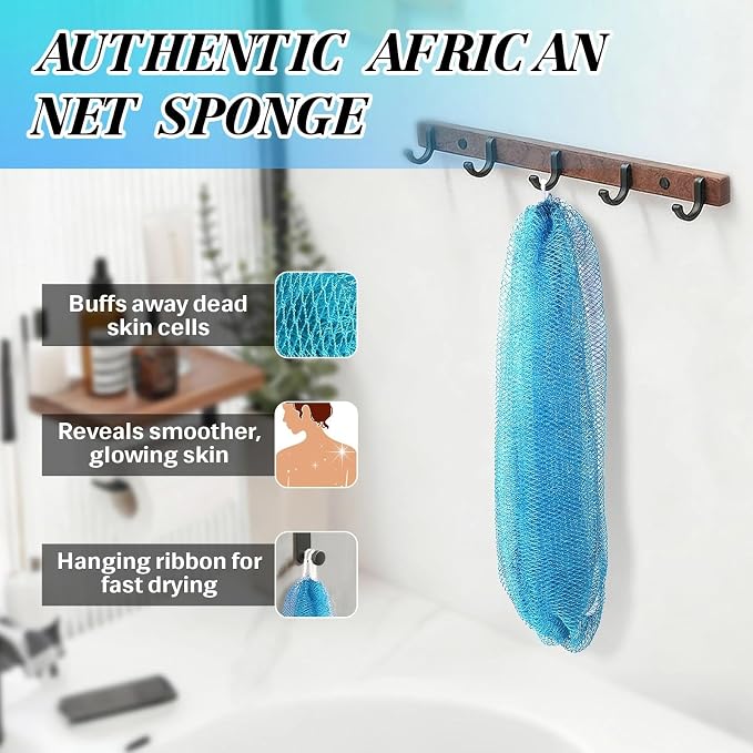 African Net Sponge Exfoliating Glove for Body and Face, Double Knotted Bath Sponge for Deep Cleansing and Gentle Exfoliation, Reusable and Quick-Dry （ Blue ）