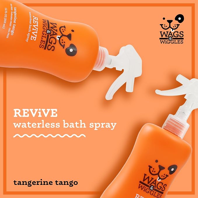 Wags & Wiggles Revive Waterless Bath Spray for Dogs, Tangerine Tango Scent, Dog Waterless Shampoo and Deodorizer for Smelly Dogs, pH Balanced, Paraben Free, 12 Fl Oz