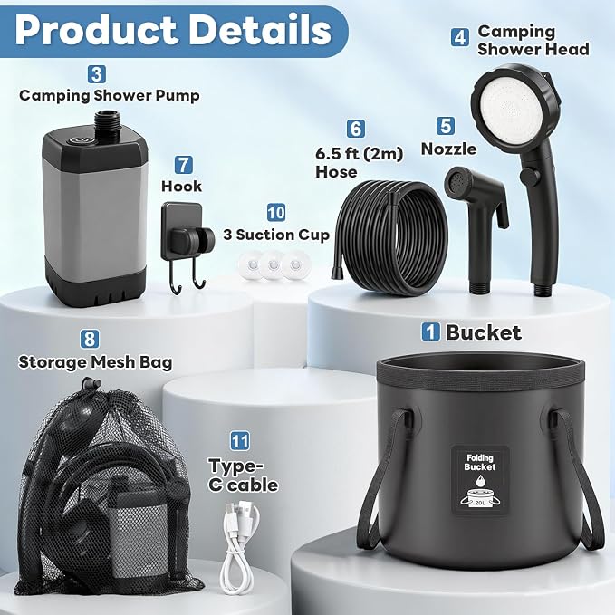 Portable Shower with Heater 6000mAh Rechargeable Camping Shower with LED Display, 3 Spray Modes, IPX7 Waterproof Shower Pump Foldable Bucket Outdoor Showering for Travel