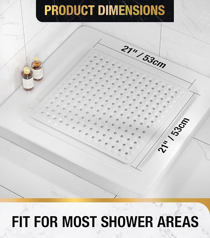 HITSLAM Shower Mat Anti Slip, Square Bath Mat for Tub Non Slip with Suction Cups and Drain Holes, 21x21 Inch Bathroom Shower Stall Floor Mat, Machine Washable, Soft on Feet, White
