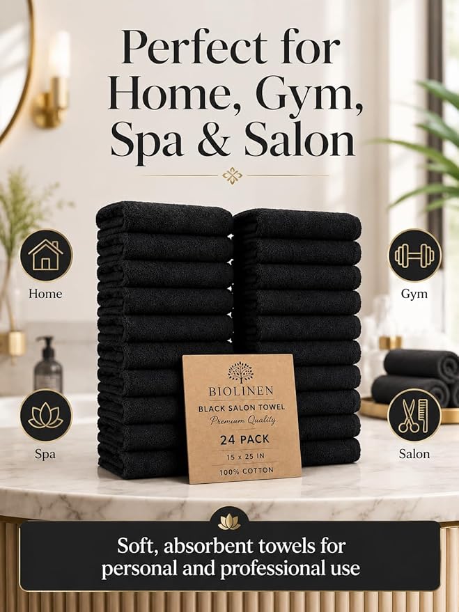 BIOLINEN Salon Towels 24 Pack Black 15x25, 100% Cotton Hand Towels for Bathroom, Bleach Resistant Barber Esthetician Spa Gym Towels, Super Absorbent