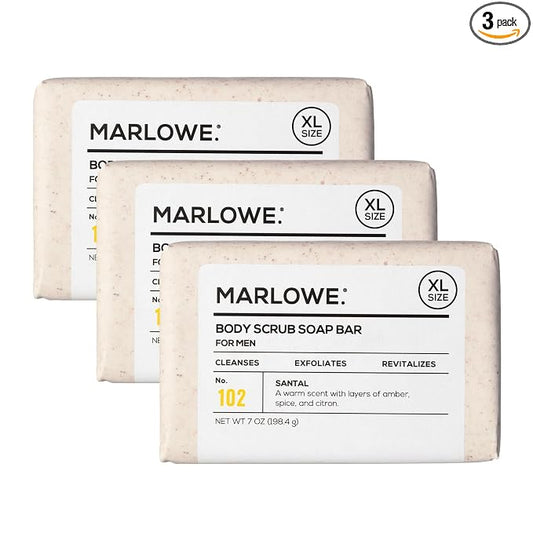 MARLOWE. Body Scrub Soap, Exfoliating Soap Bar, Santal, 7 oz (3 Bars) | Scrub Soap Bar that deeply cleanses and exfoliates while buffing away rough, dry skin. Warm Santal scent.