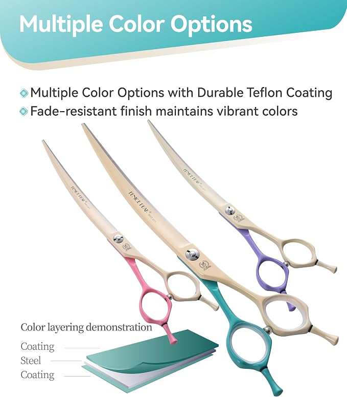 Curved Dog Grooming Scissors with Coating 440C Stainless Steel, 7 inch Professional Curved Shears Dog Grooming，25 Degree of Curved Blade，Pet Shear for Trimming Face and Paws, Green & White