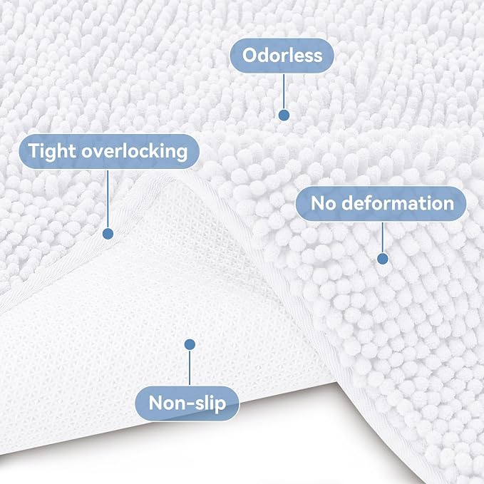 Bcoimo 30x20 Chenille Bath Mat – Non-Slip with Backing Bath Rug Ultra-Absorbent and Machine Washable Bathroom Mat Quick-Dry Design. Ideal for Bathroom Shower and Tub Areas